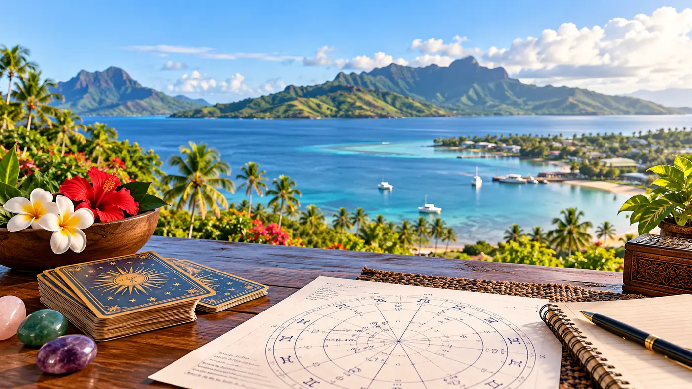 Astrology birth chart and tarot cards overlooking a tropical Fiji island landscape
