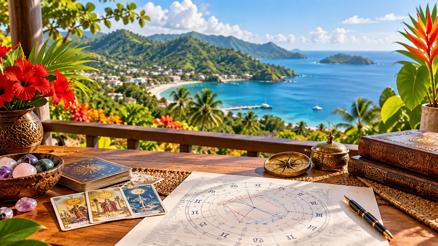 Birth chart and tarot cards overlooking an illustrated tropical Caribbean coastline