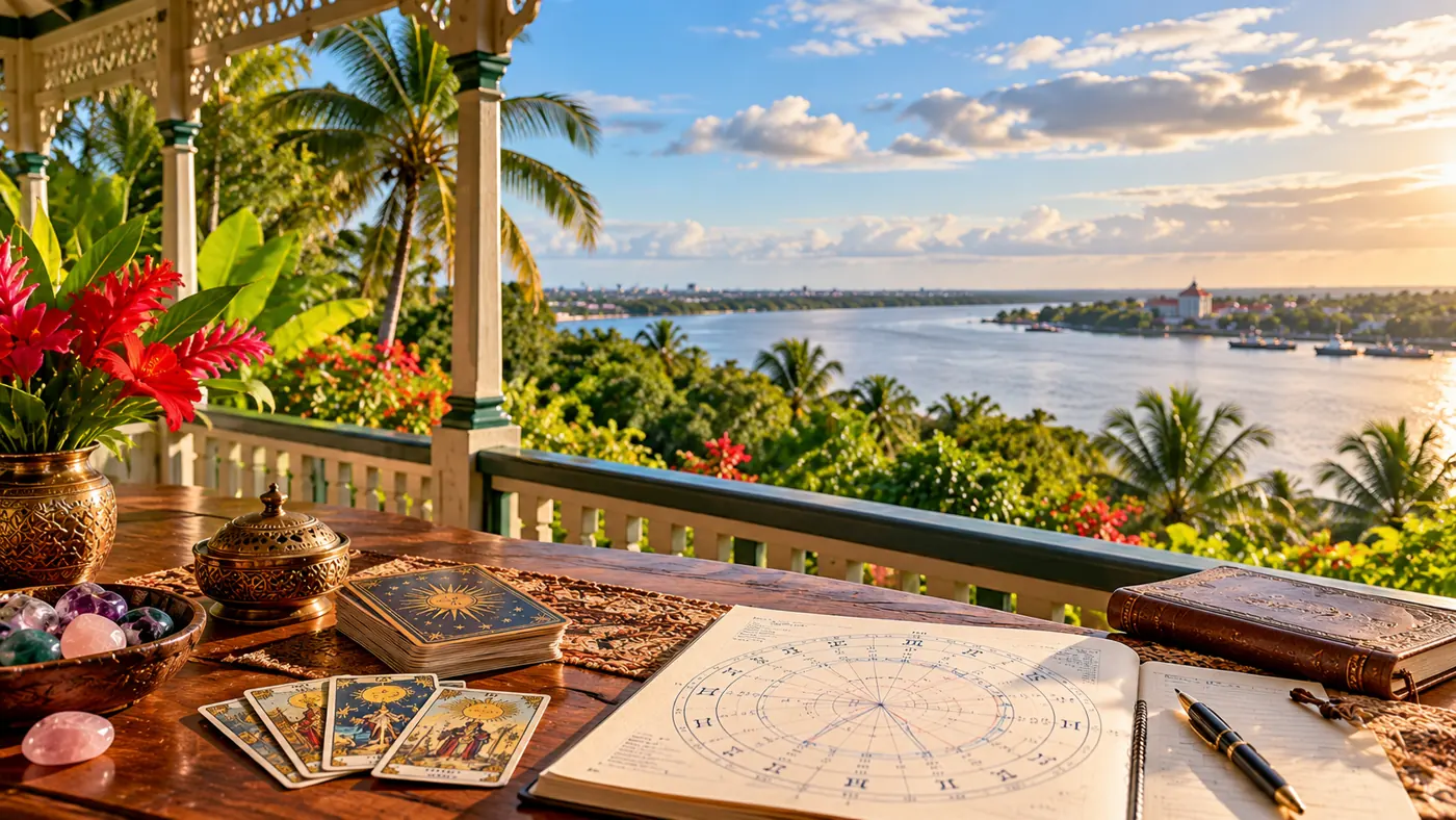 Astrology birth chart and tarot cards on a tropical riverside veranda inspired by Guyana