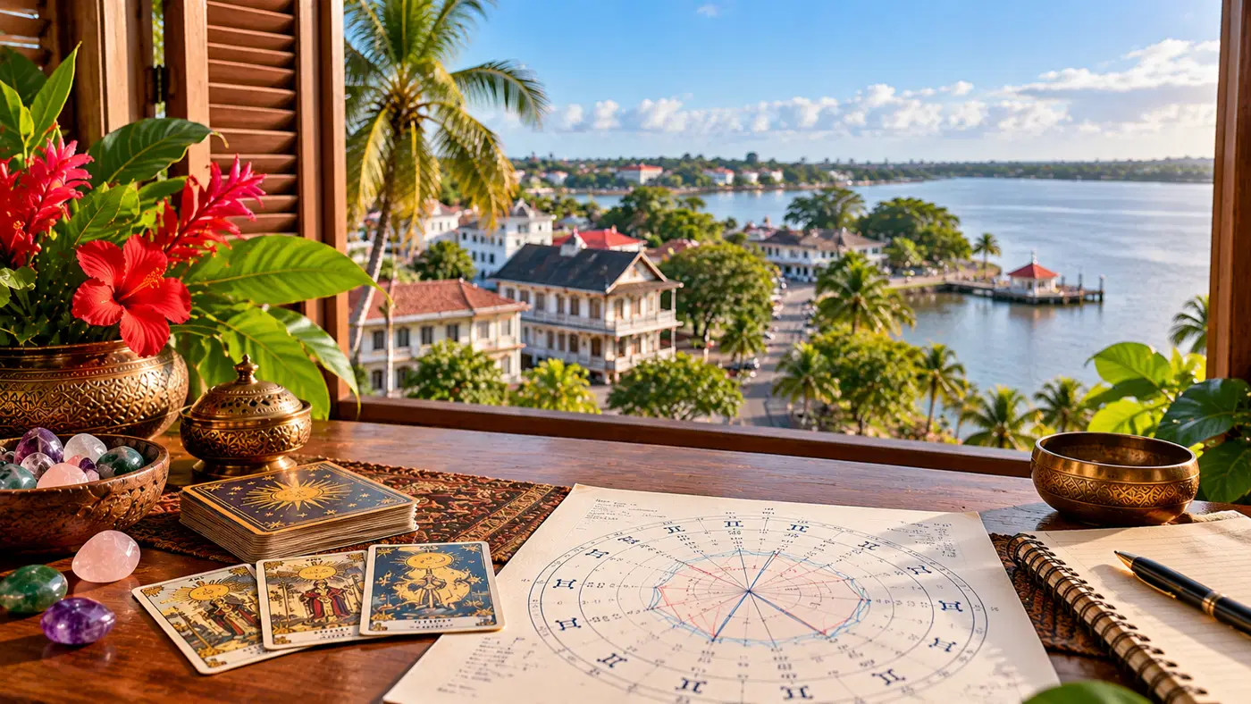 Birth chart and tarot cards on a tropical veranda overlooking a Suriname-inspired riverside town